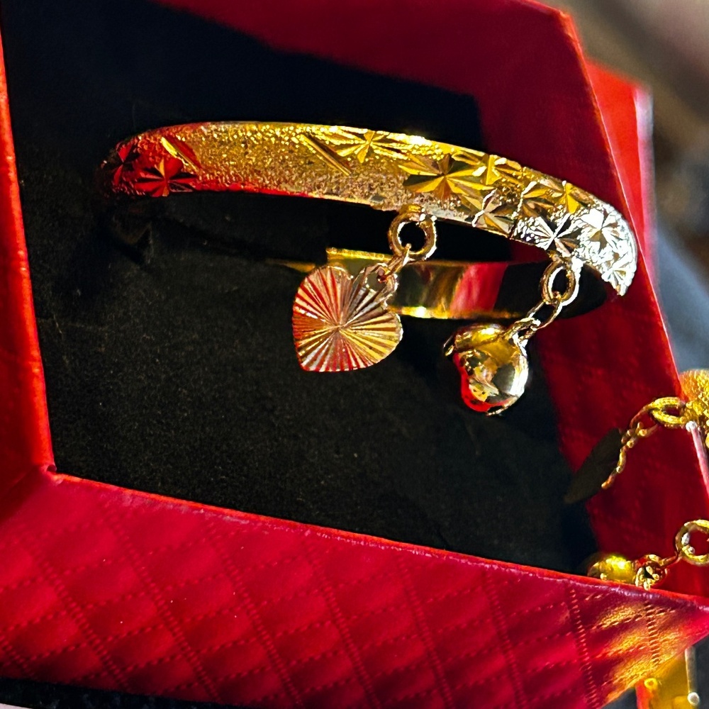 Gold bangle bracelets w/ heart& bell “ good health and protection 22kt overlay